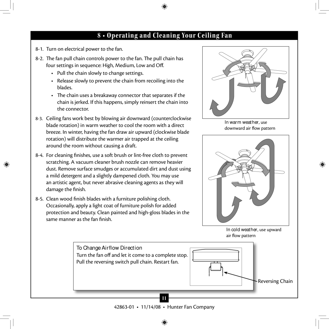 Hunter Fan 42863-01, Type 5 Models installation manual Operating and Cleaning Your Ceiling Fan, To Change Airflow Direction 