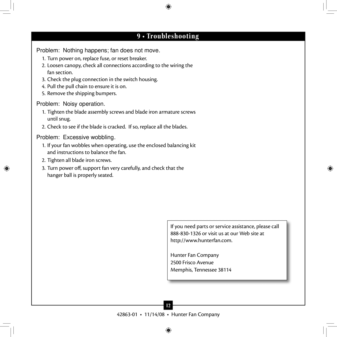 Hunter Fan Type 5 Models, 42863-01 Troubleshooting, Problem Nothing happens fan does not move, Problem Noisy operation 
