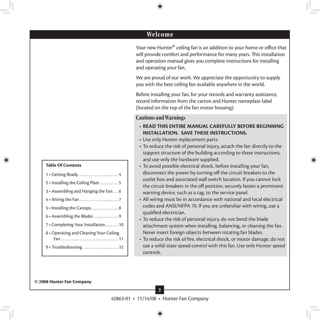 Hunter Fan Type 5 Models, 42863-01 installation manual Welcome 