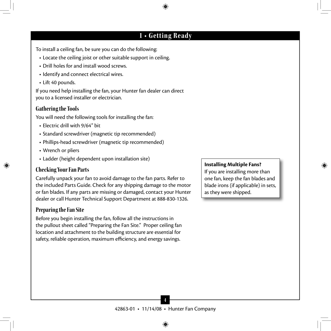 Hunter Fan Type 5 Models, 42863-01 installation manual Getting Ready, Installing Multiple Fans? 