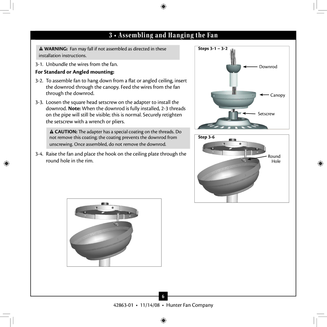 Hunter Fan Type 5 Models, 42863-01 installation manual Assembling and Hanging the Fan, For Standard or Angled mounting 