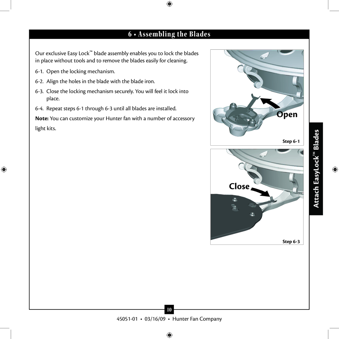 Hunter Fan 45051-01, Type 7 installation manual Close Open, Assembling the Blades 