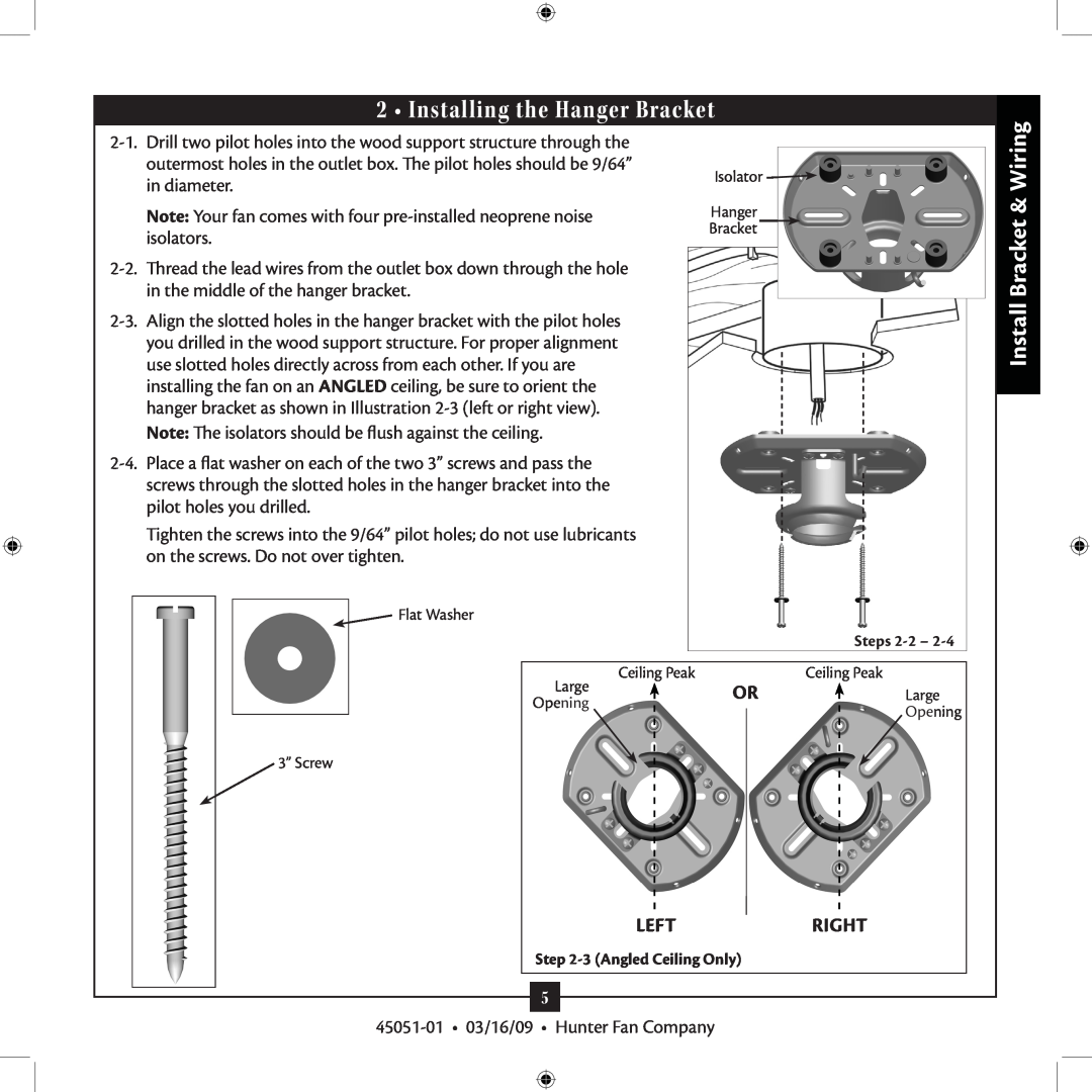 Hunter Fan Type 7, 45051-01 installation manual Installing the Hanger Bracket, Install Bracket & Wiring, LeftRIGHT 