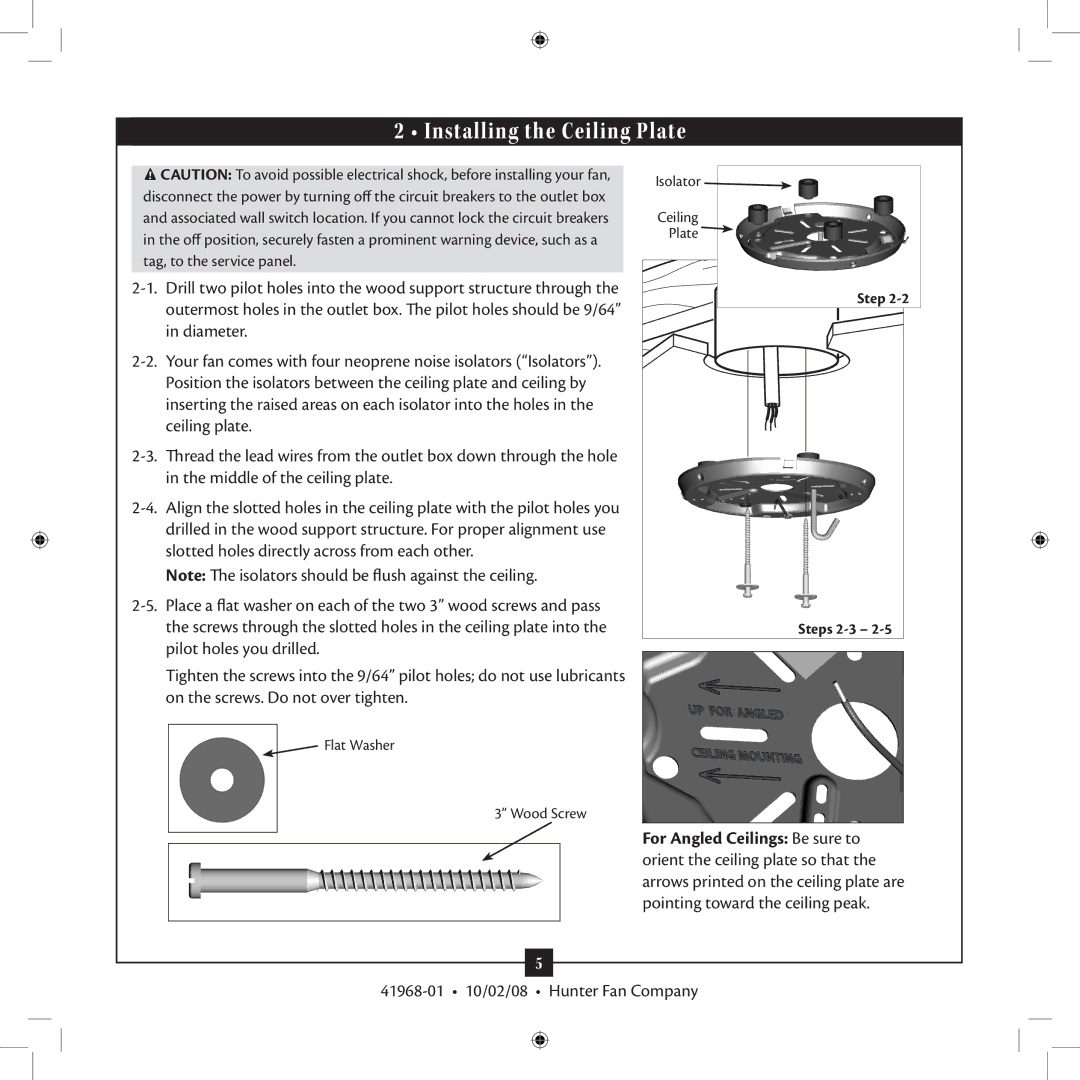 Hunter Fan 41968-01, Type 8 installation manual Installing the Ceiling Plate 