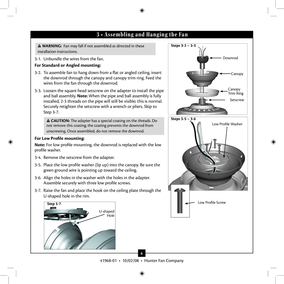 Hunter Fan Type 8 Assembling and Hanging the Fan, Unbundle the wires from the fan, For Standard or Angled mounting 