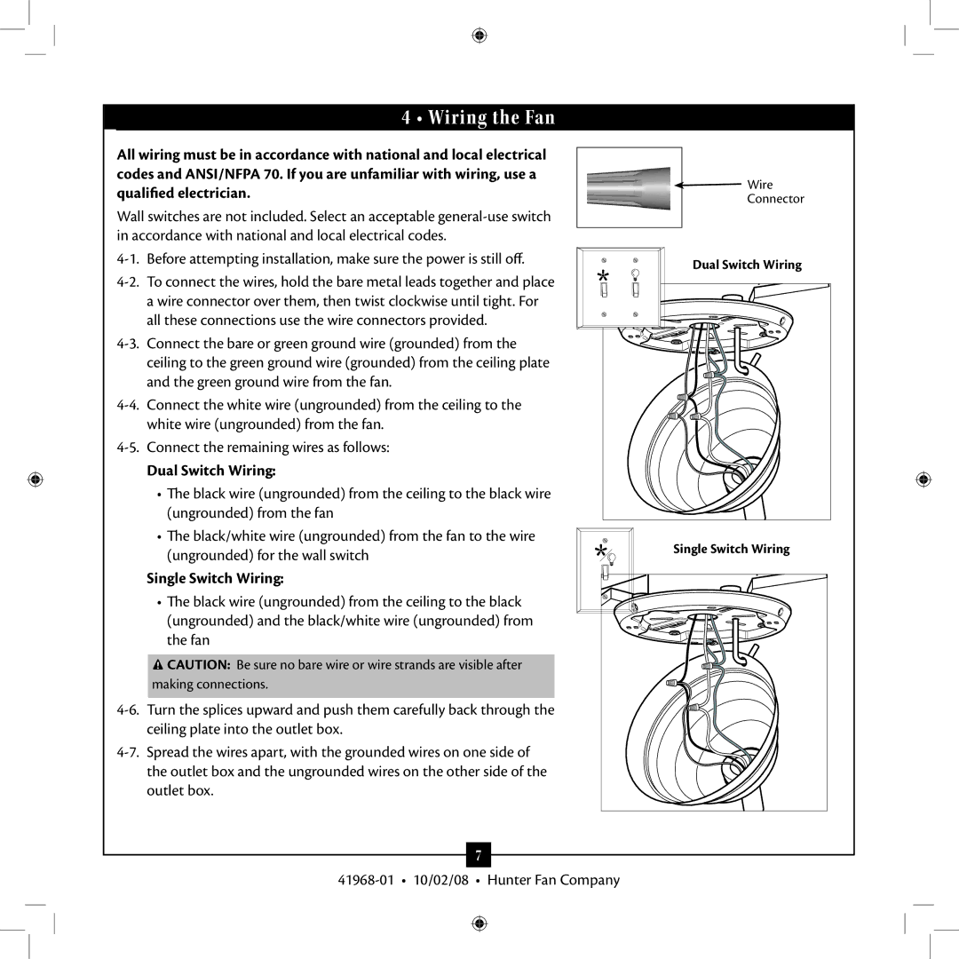 Hunter Fan 41968-01, Type 8 installation manual Wiring the Fan, Dual Switch Wiring, Single Switch Wiring 