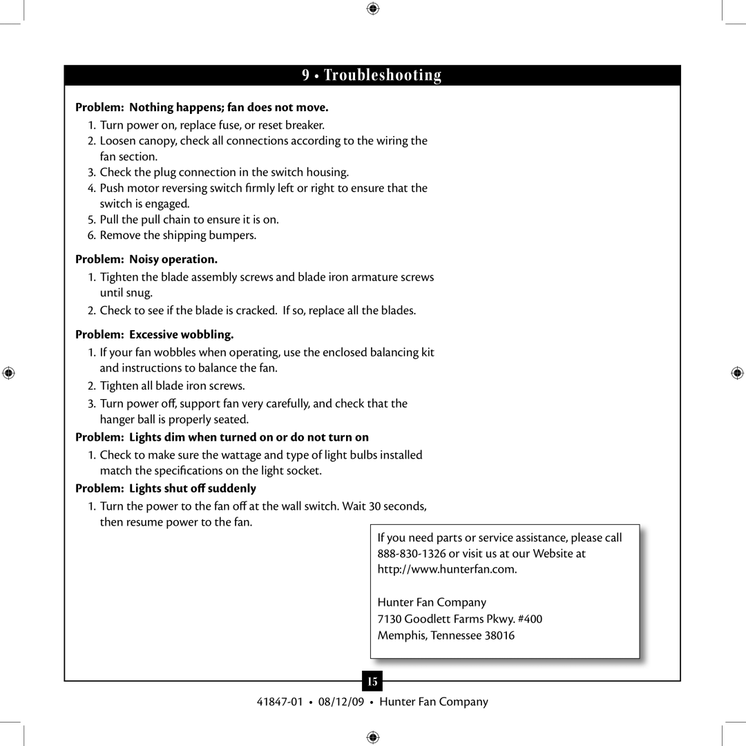 Hunter Fan Type G Models, Type B Models installation manual Troubleshooting 