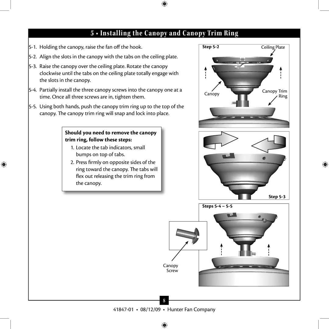 Hunter Fan Type B Models, Type G Models installation manual Installing the Canopy and Canopy Trim Ring 