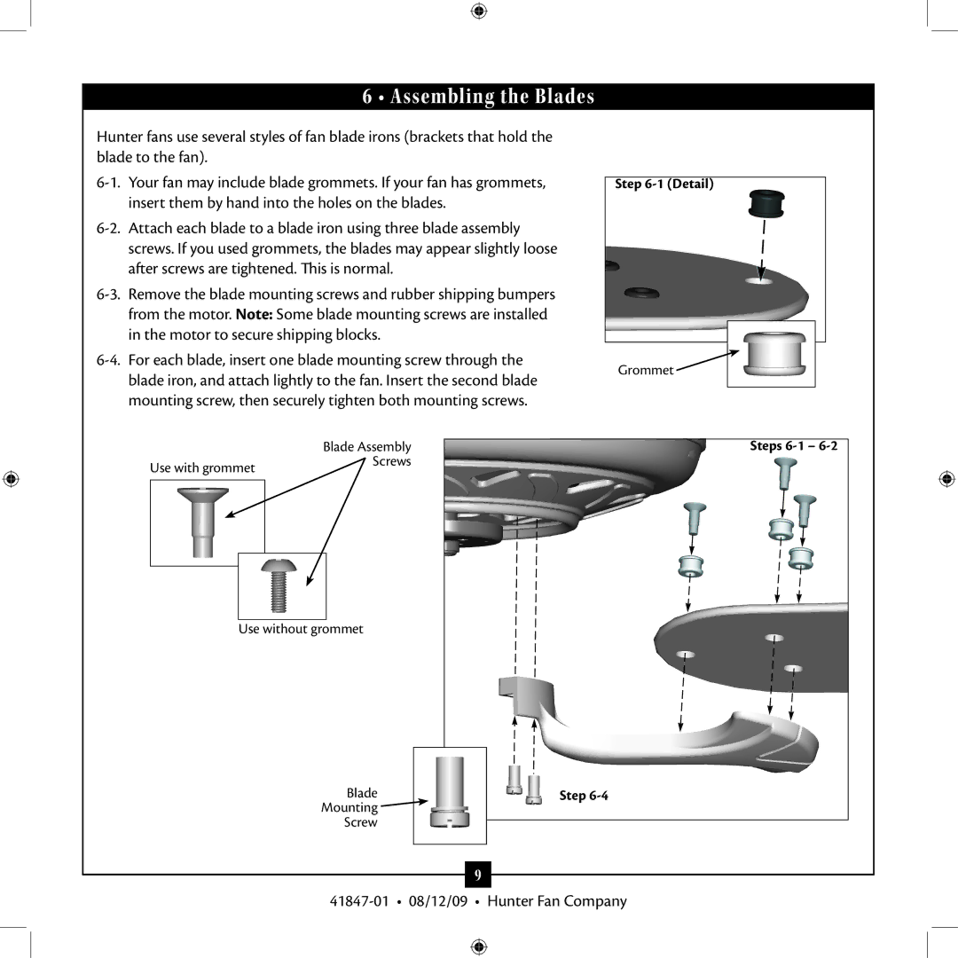 Hunter Fan Type G Models, Type B Models installation manual Assembling the Blades 