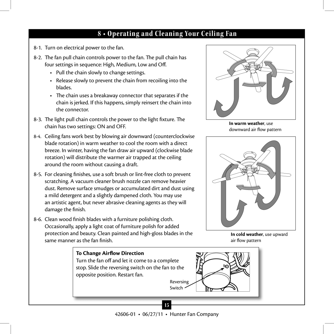 Hunter Fan Type installation manual Operating and Cleaning Your Ceiling Fan, To Change Airflow Direction 