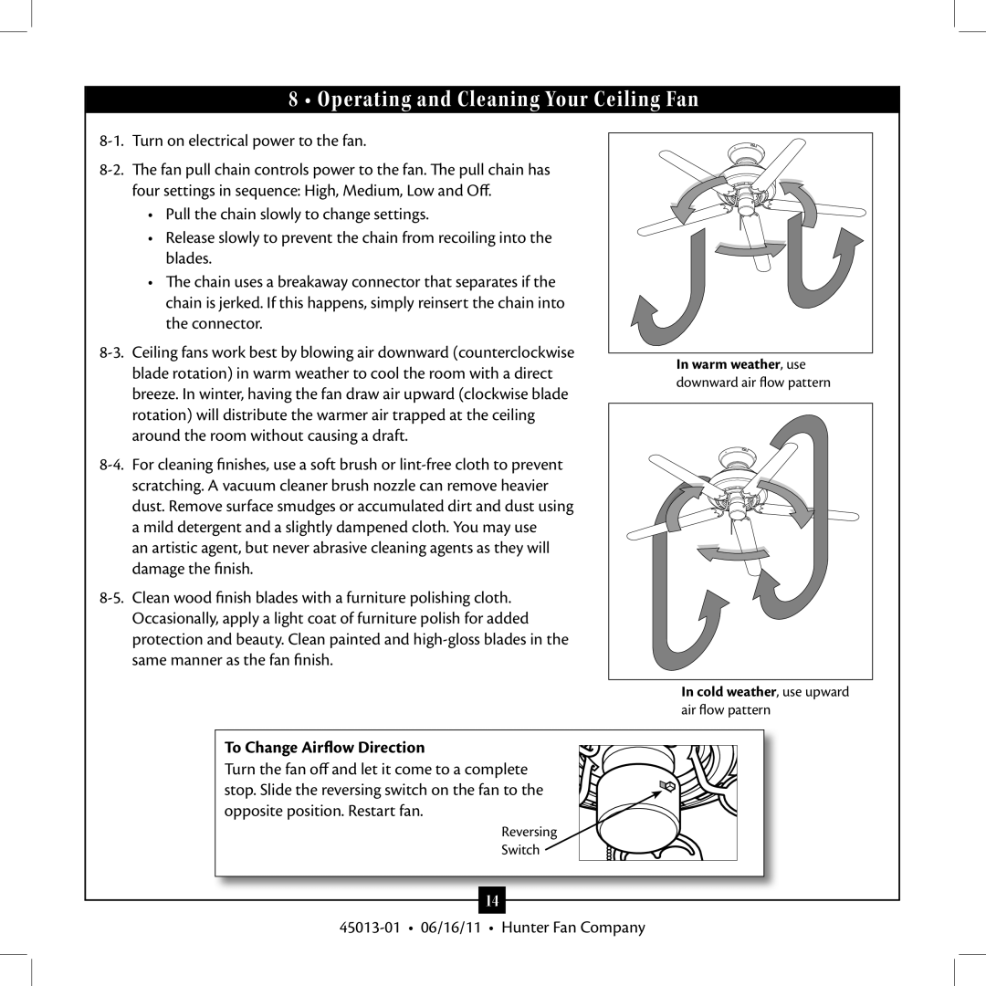 Hunter Fan Type installation manual Operating and Cleaning Your Ceiling Fan, To Change Airflow Direction 