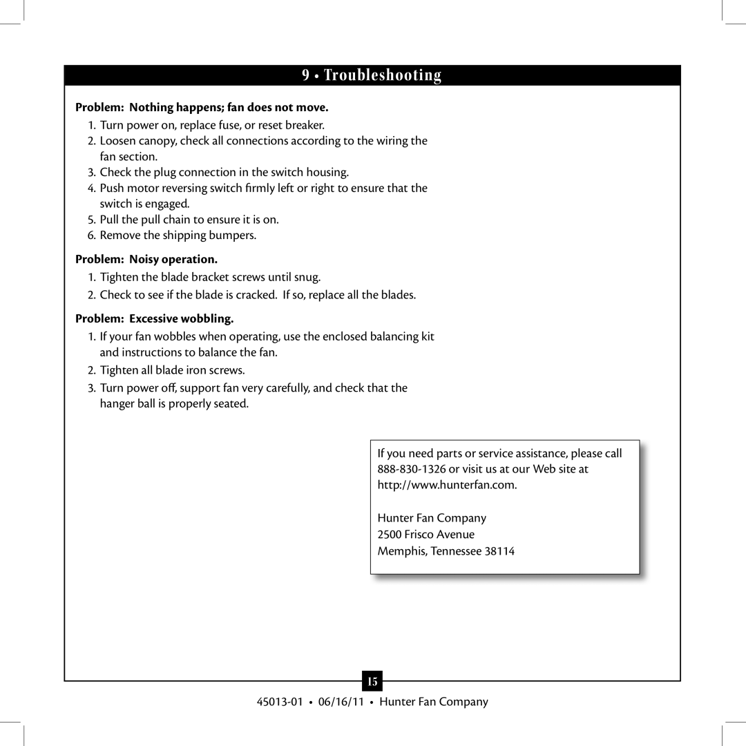 Hunter Fan Type installation manual Troubleshooting, Problem Nothing happens fan does not move, Problem Noisy operation 