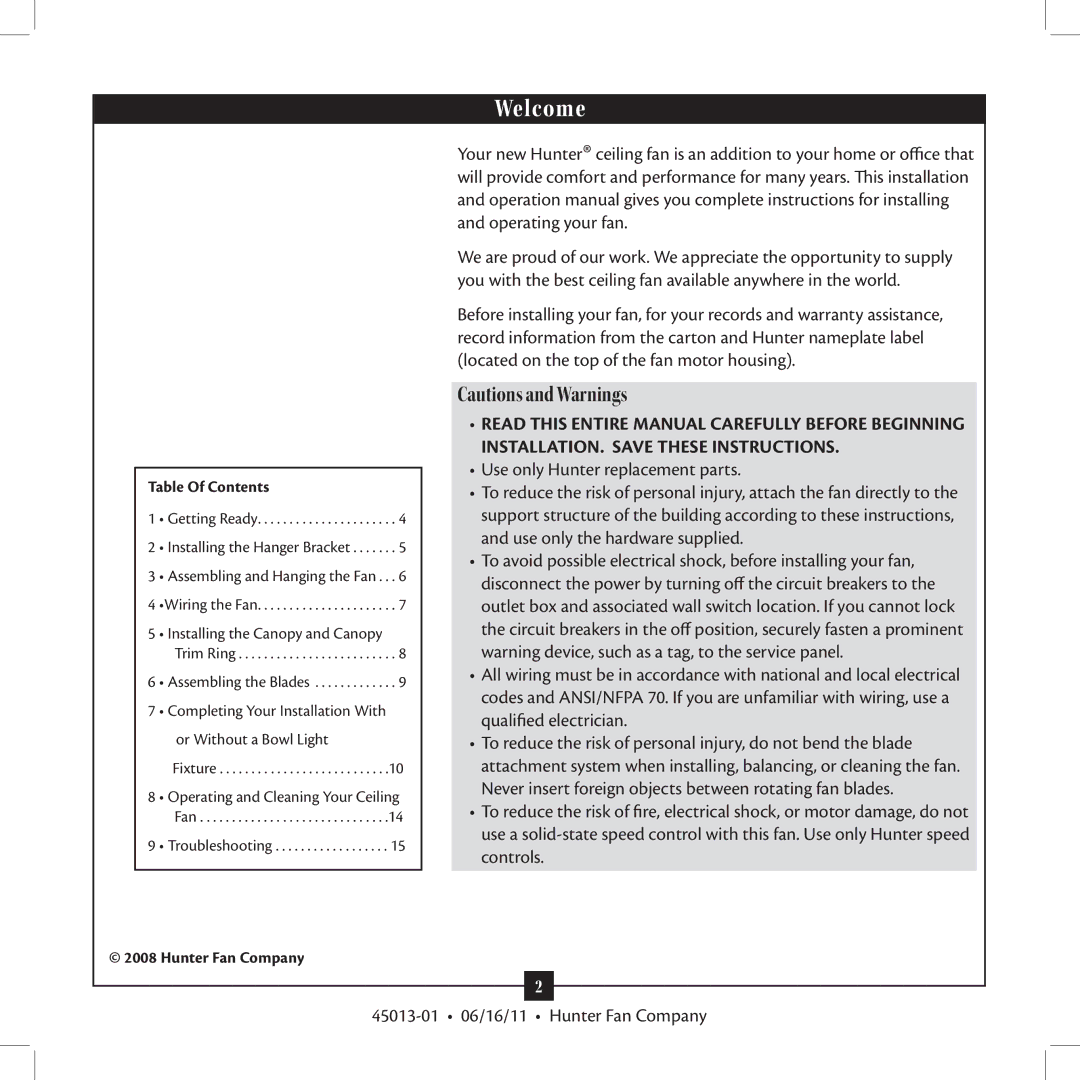 Hunter Fan Type installation manual Welcome 