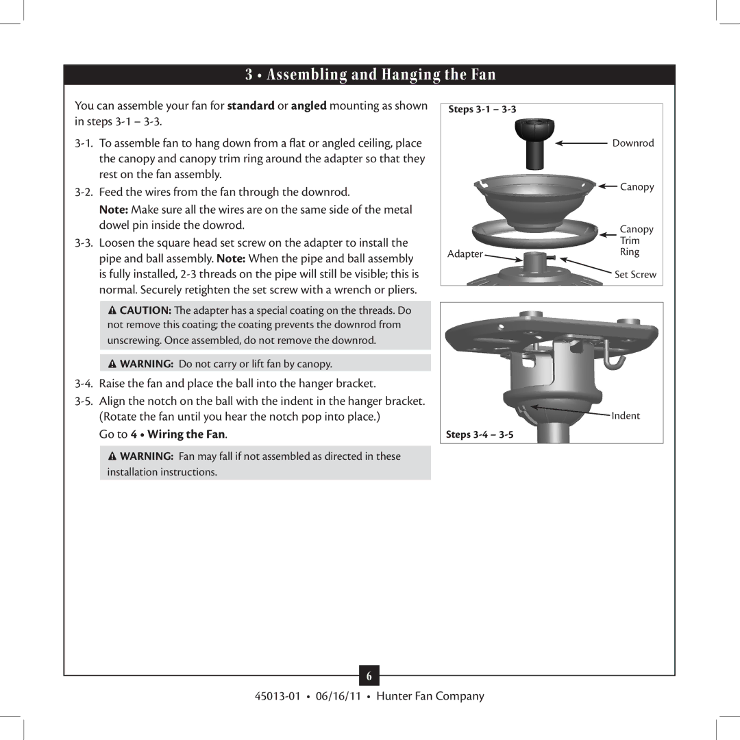 Hunter Fan Type installation manual Assembling and Hanging the Fan, Go to 4 Wiring the Fan 