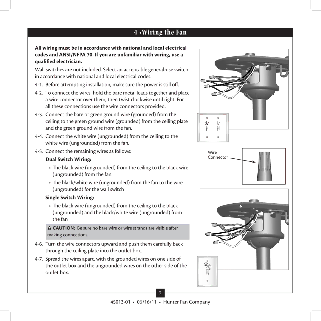 Hunter Fan Type installation manual Wiring the Fan, Dual Switch Wiring, Single Switch Wiring 