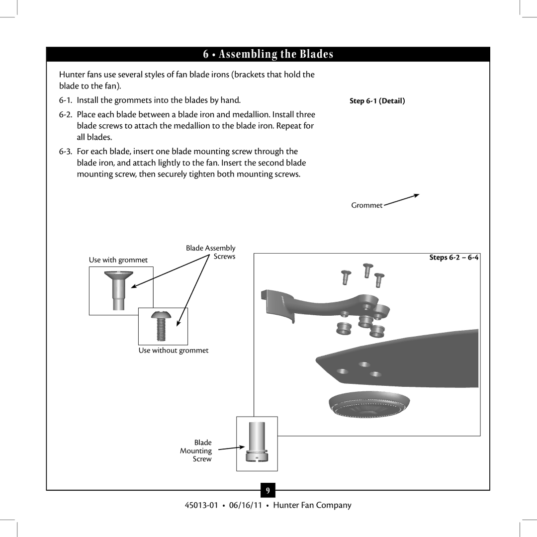 Hunter Fan Type installation manual Assembling the Blades 