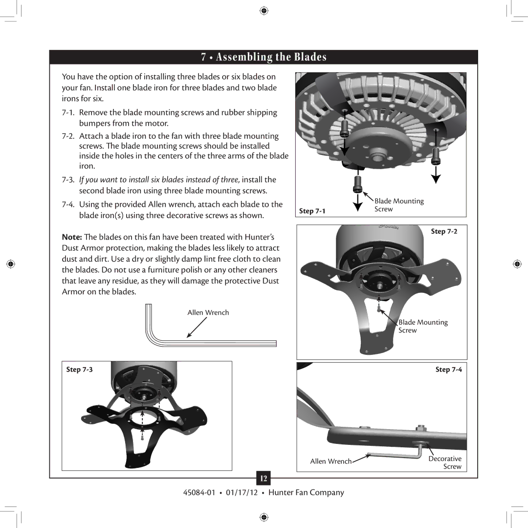 Hunter Fan Type installation manual Assembling the Blades 