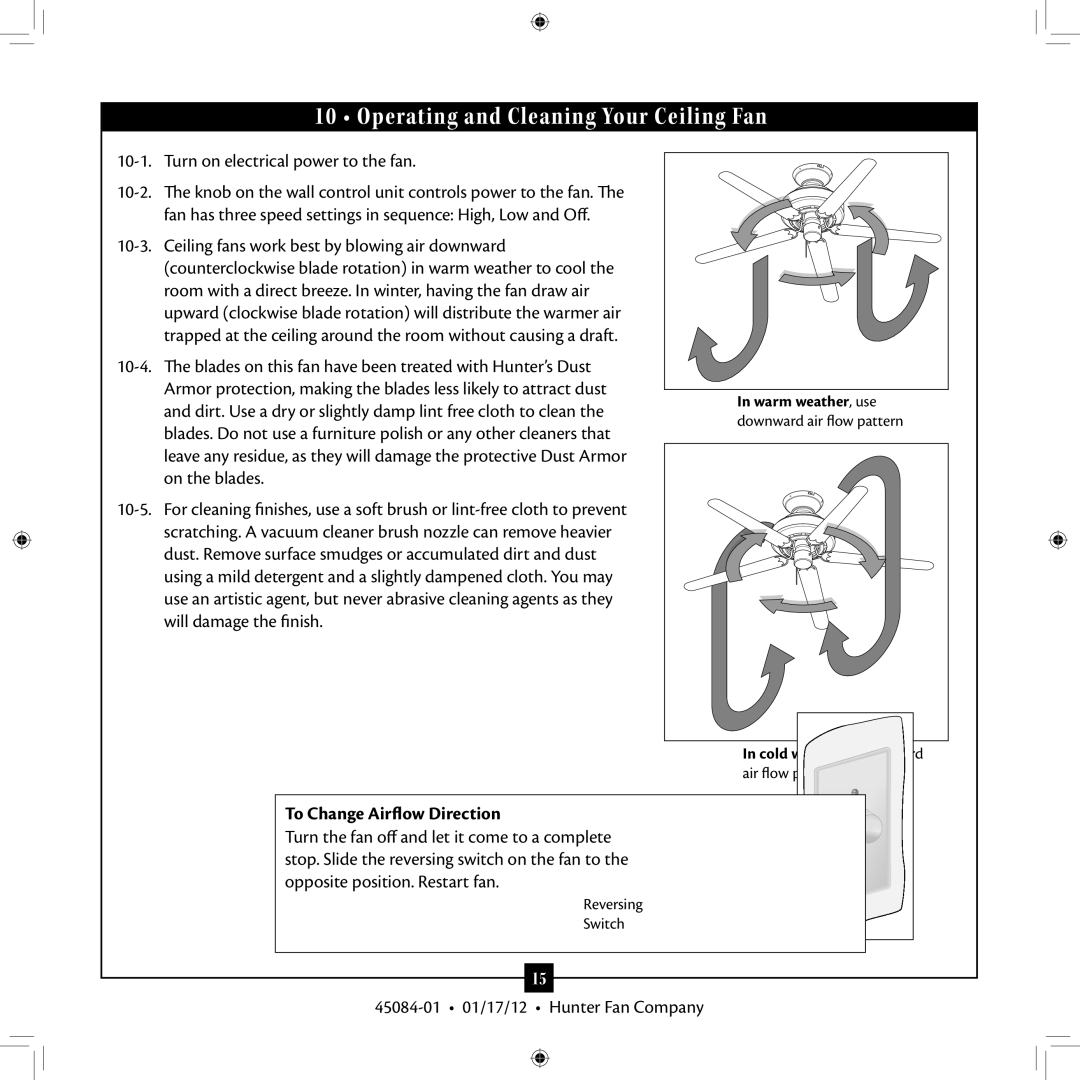 Hunter Fan Type installation manual Operating and Cleaning Your Ceiling Fan, To Change Airflow Direction 