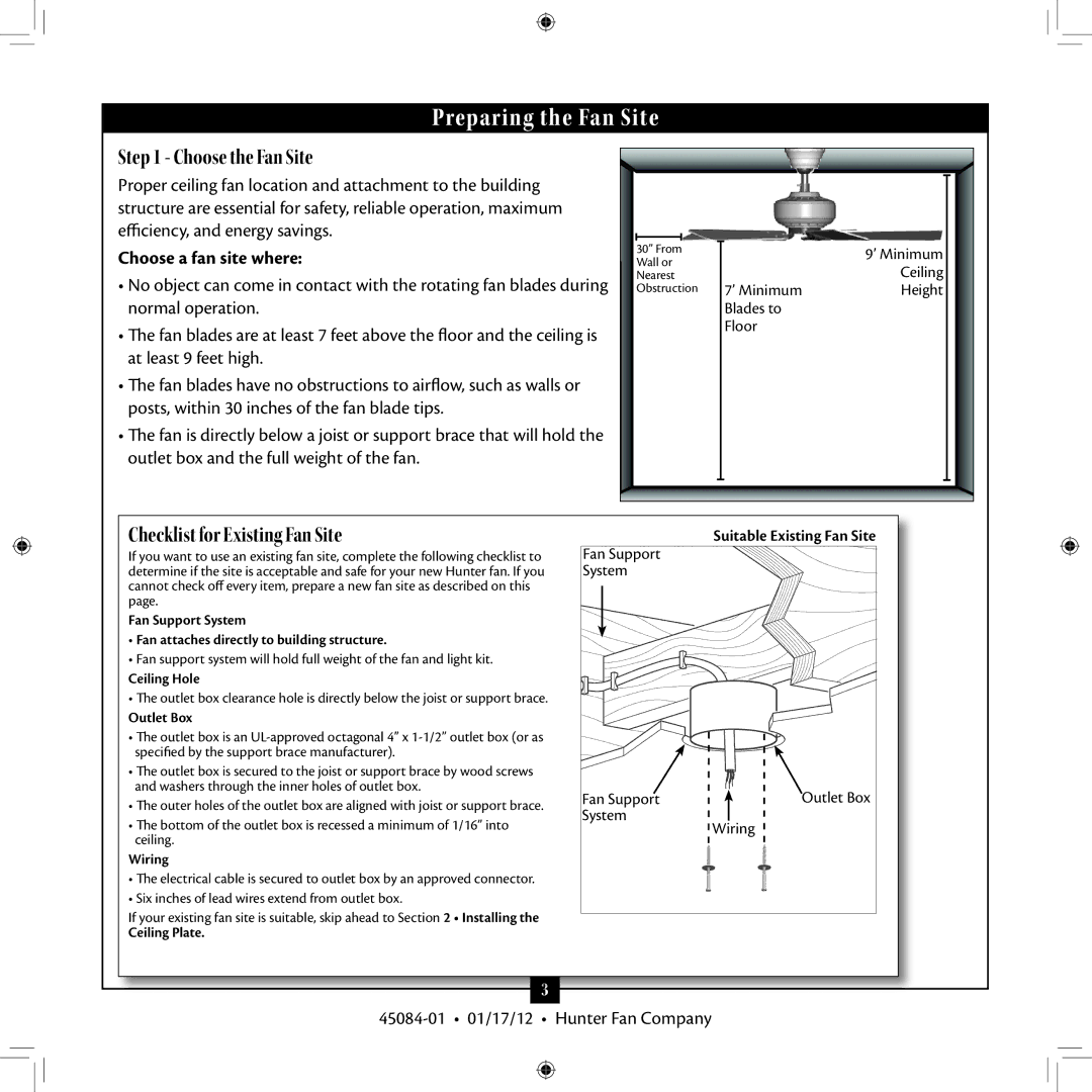 Hunter Fan Type installation manual Choose the Fan Site, Checklist for Existing Fan Site, Choose a fan site where 