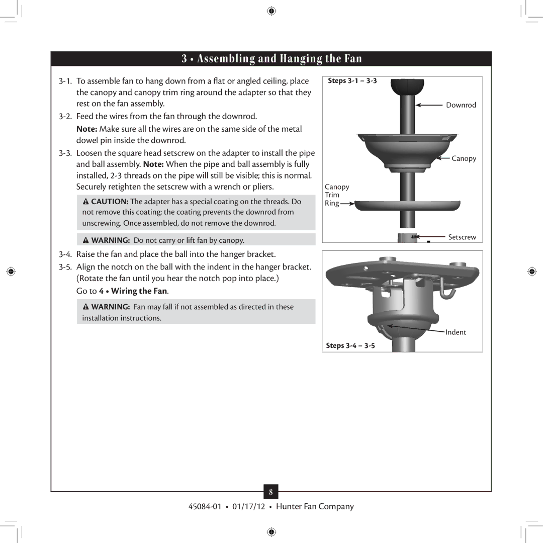 Hunter Fan Type installation manual Assembling and Hanging the Fan, Go to 4 Wiring the Fan 