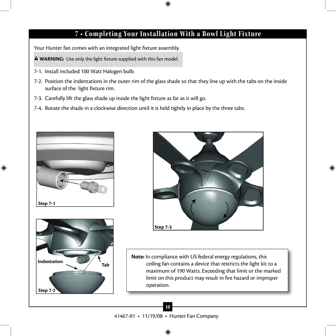 Hunter Fan Type installation manual Completing Your Installation With a Bowl Light Fixture 