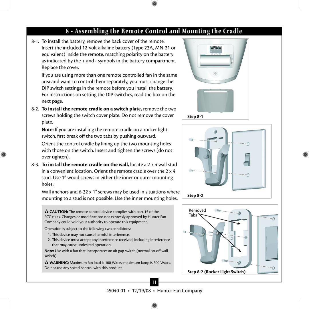 Hunter Fan Type installation manual Assembling the Remote Control and Mounting the Cradle 