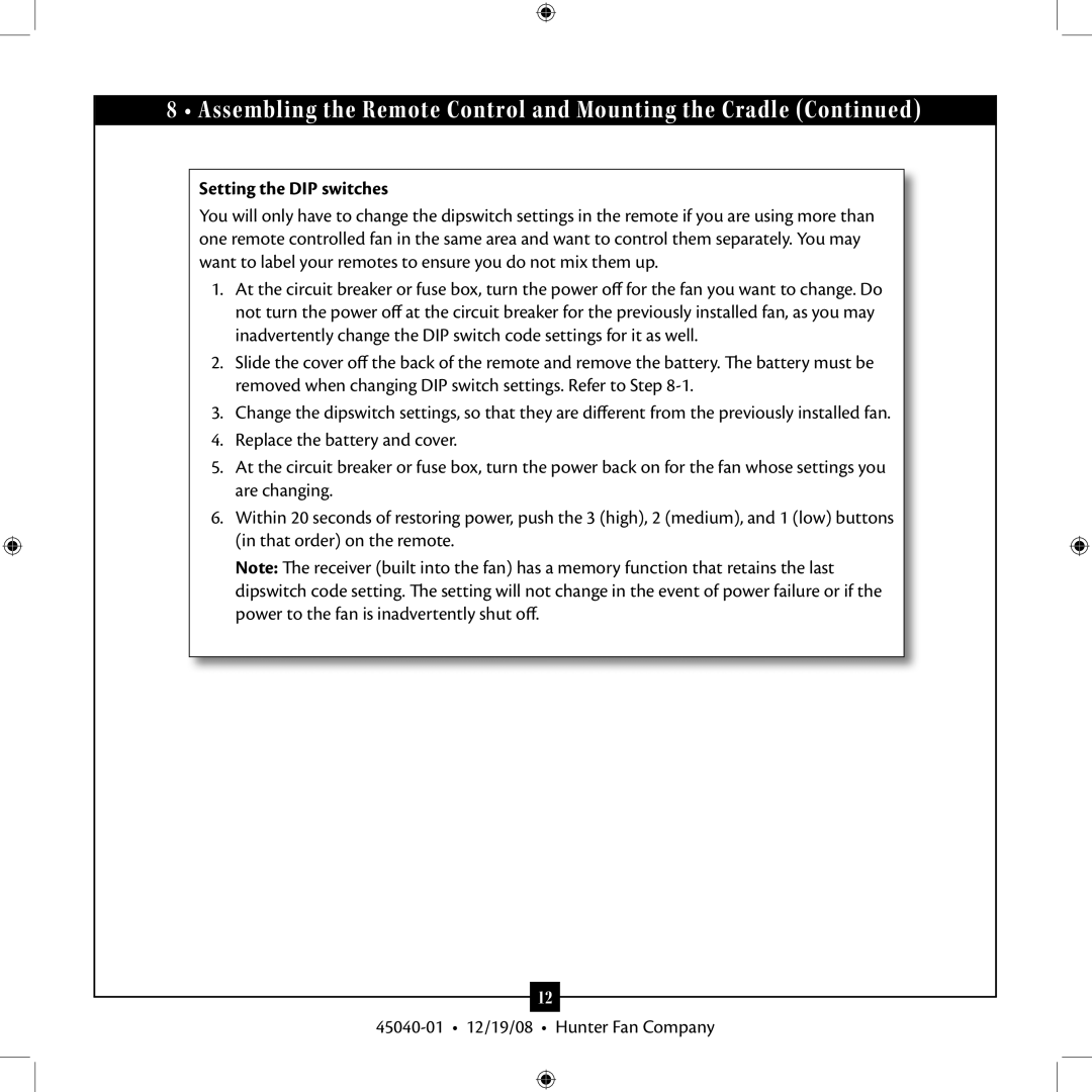 Hunter Fan Type installation manual Setting the DIP switches 