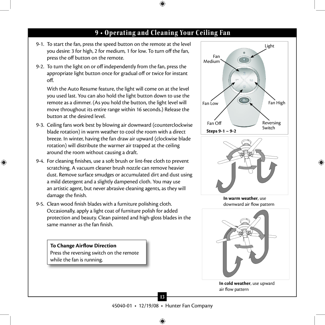 Hunter Fan Type installation manual Operating and Cleaning Your Ceiling Fan, To Change Airflow Direction 