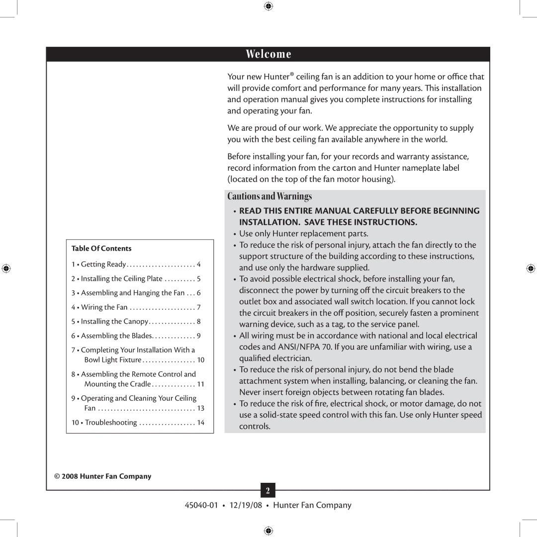 Hunter Fan Type installation manual Welcome 