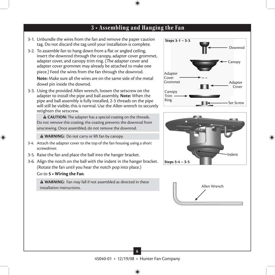 Hunter Fan Type installation manual Assembling and Hanging the Fan, Go to 5 Wiring the Fan 