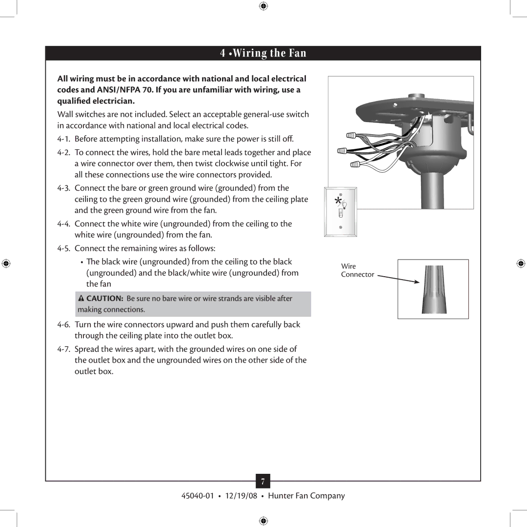 Hunter Fan Type installation manual Wiring the Fan 