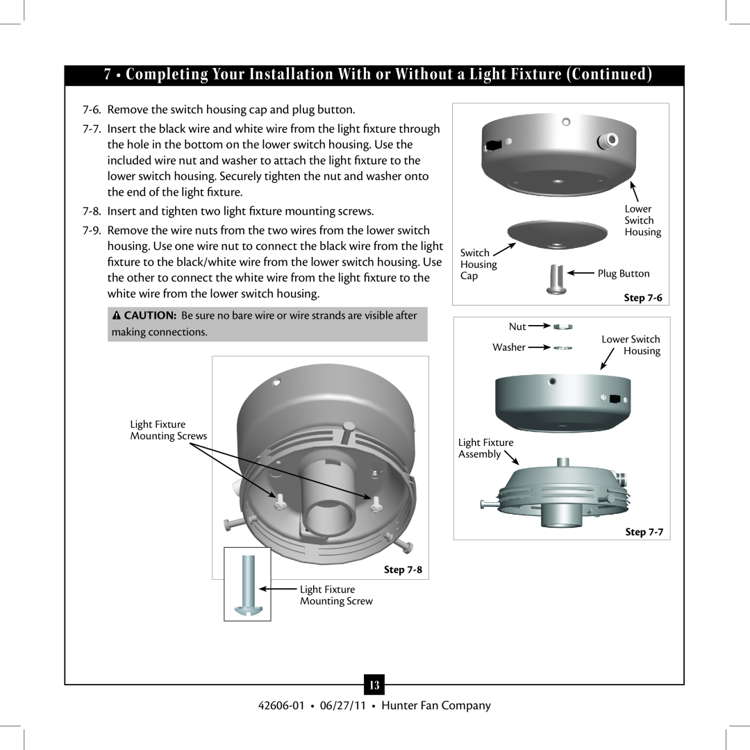 Hunter Fan Type installation manual Washer, Light Fixture Mounting Screws 