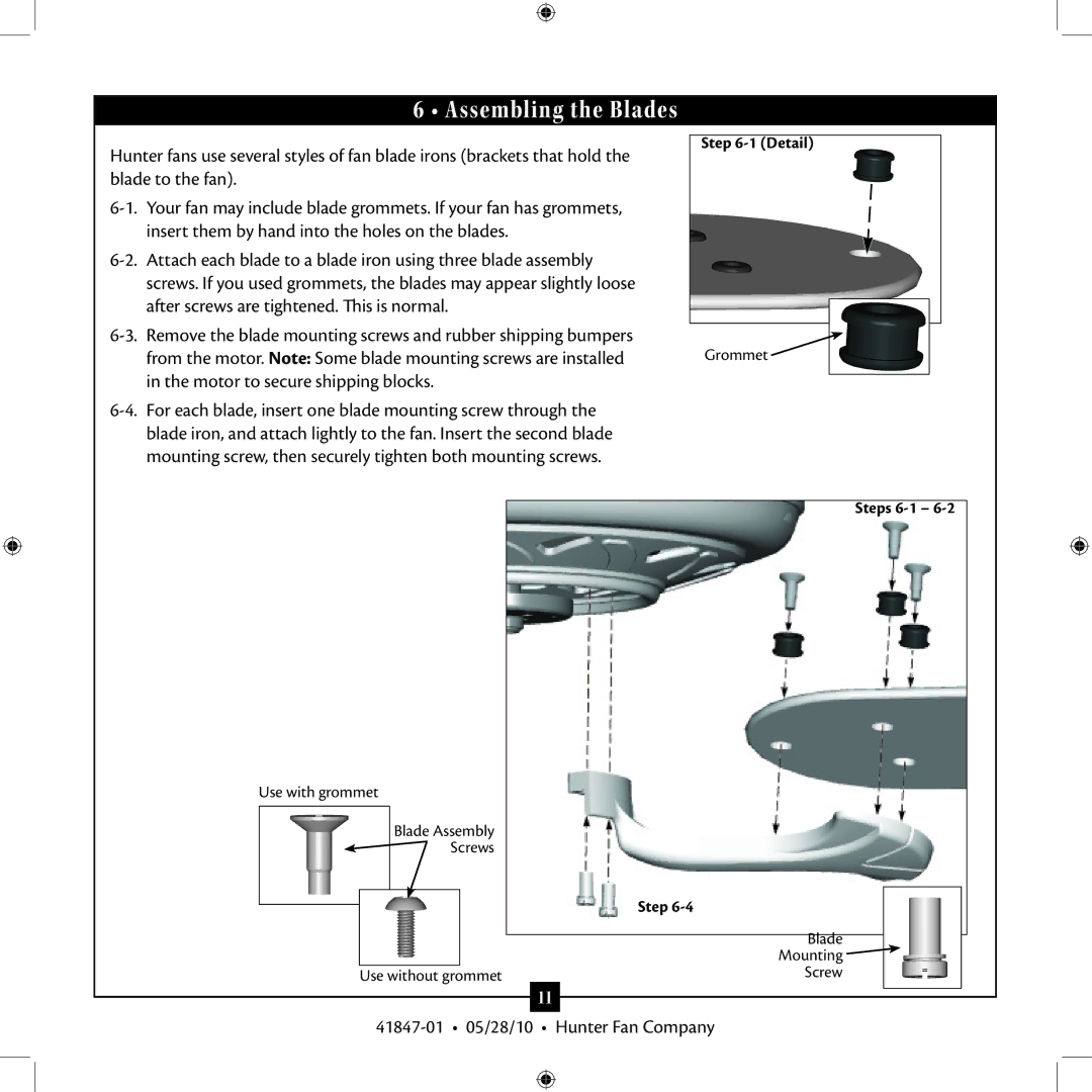 Hunter Fan TypeB, TypeG installation manual Assembling the Blades 