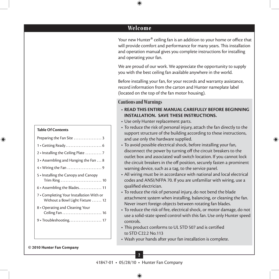 Hunter Fan TypeG, TypeB installation manual Welcome, Table Of Contents 