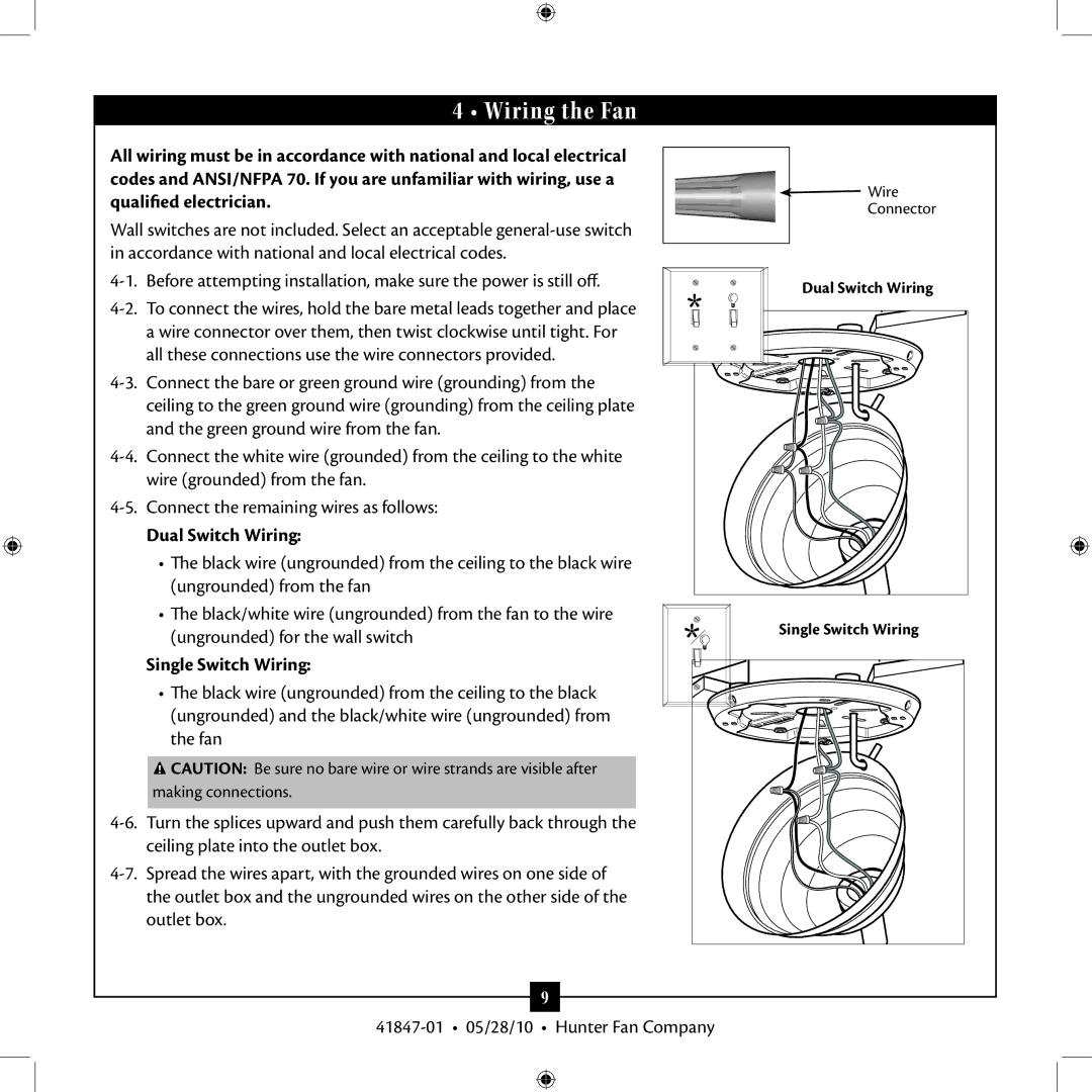 Hunter Fan TypeB, TypeG installation manual Wiring the Fan, Dual Switch Wiring, Single Switch Wiring 