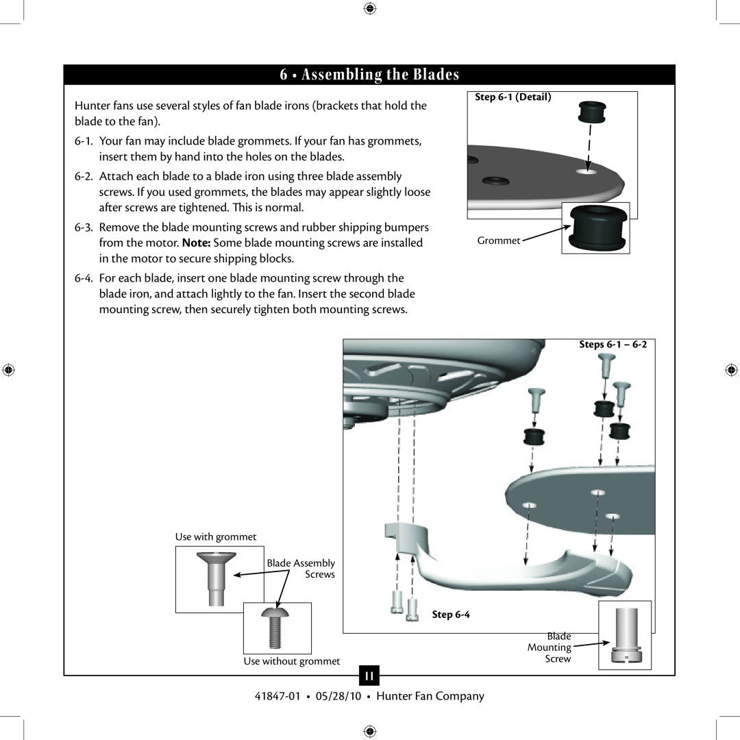 Hunter Fan TypeB, TypeG installation manual Assembling the Blades, 1 Detail, Steps 6-1 Step 