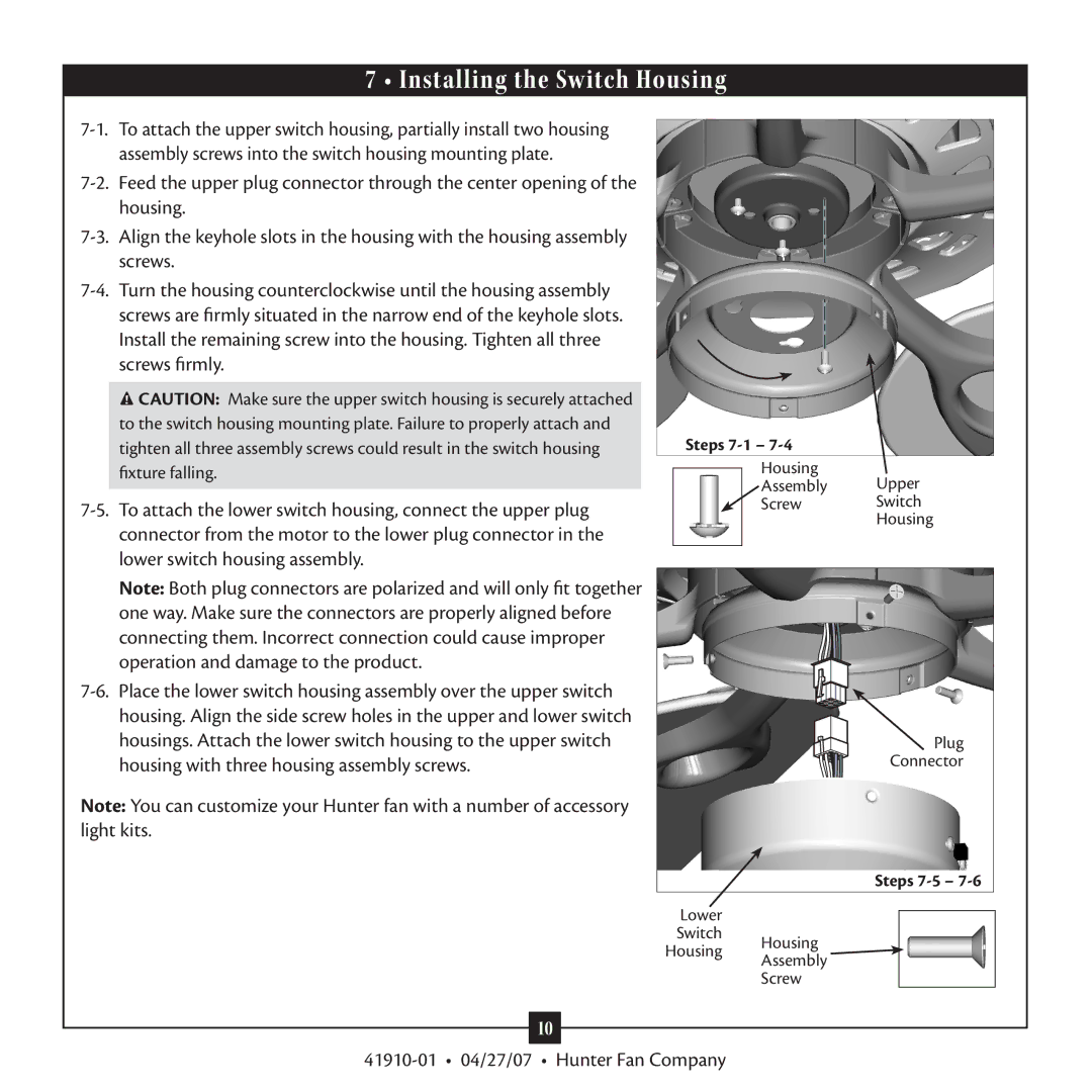 Hunter Fan TypeT warranty Installing the Switch Housing 