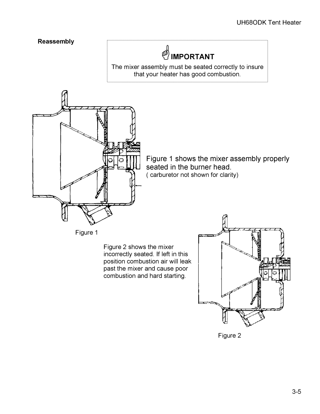 Hunter Fan UH68ODK, UH68ODH manual Shows the mixer assembly properly seated in the burner head, Reassembly 