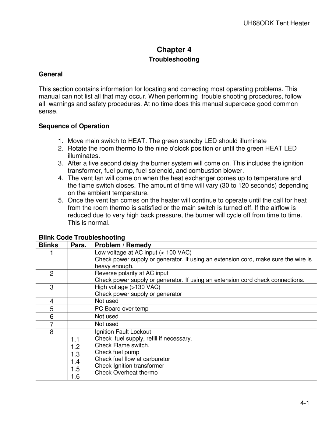 Hunter Fan UH68ODH Troubleshooting General, Sequence of Operation, Blink Code Troubleshooting Blinks Para Problem / Remedy 