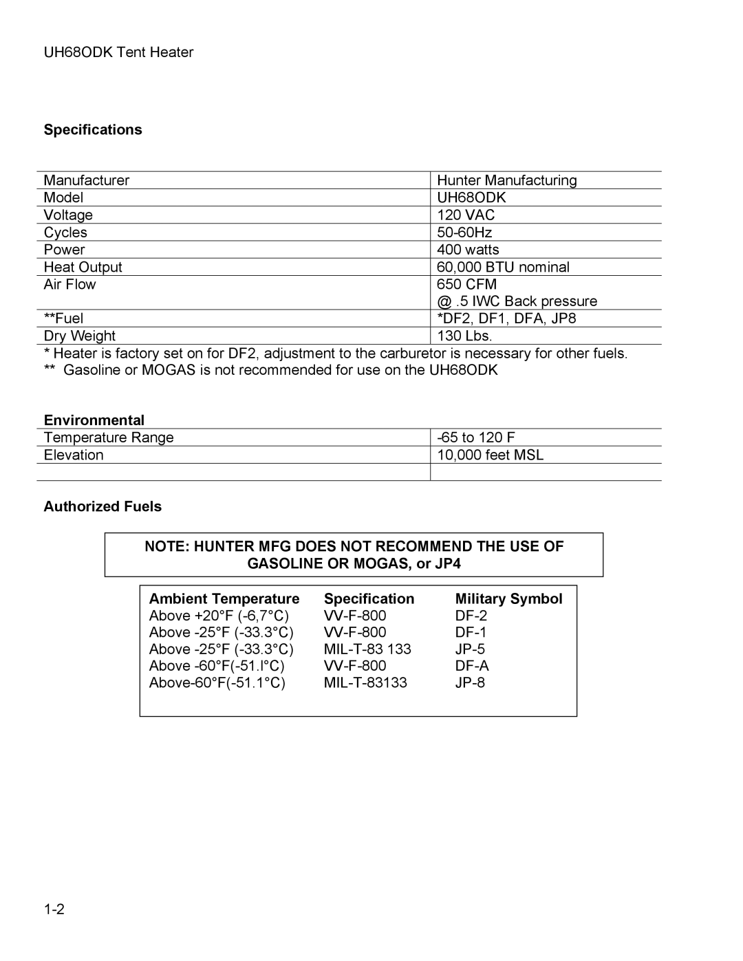 Hunter Fan UH68ODK, UH68ODH manual Specifications, Environmental 