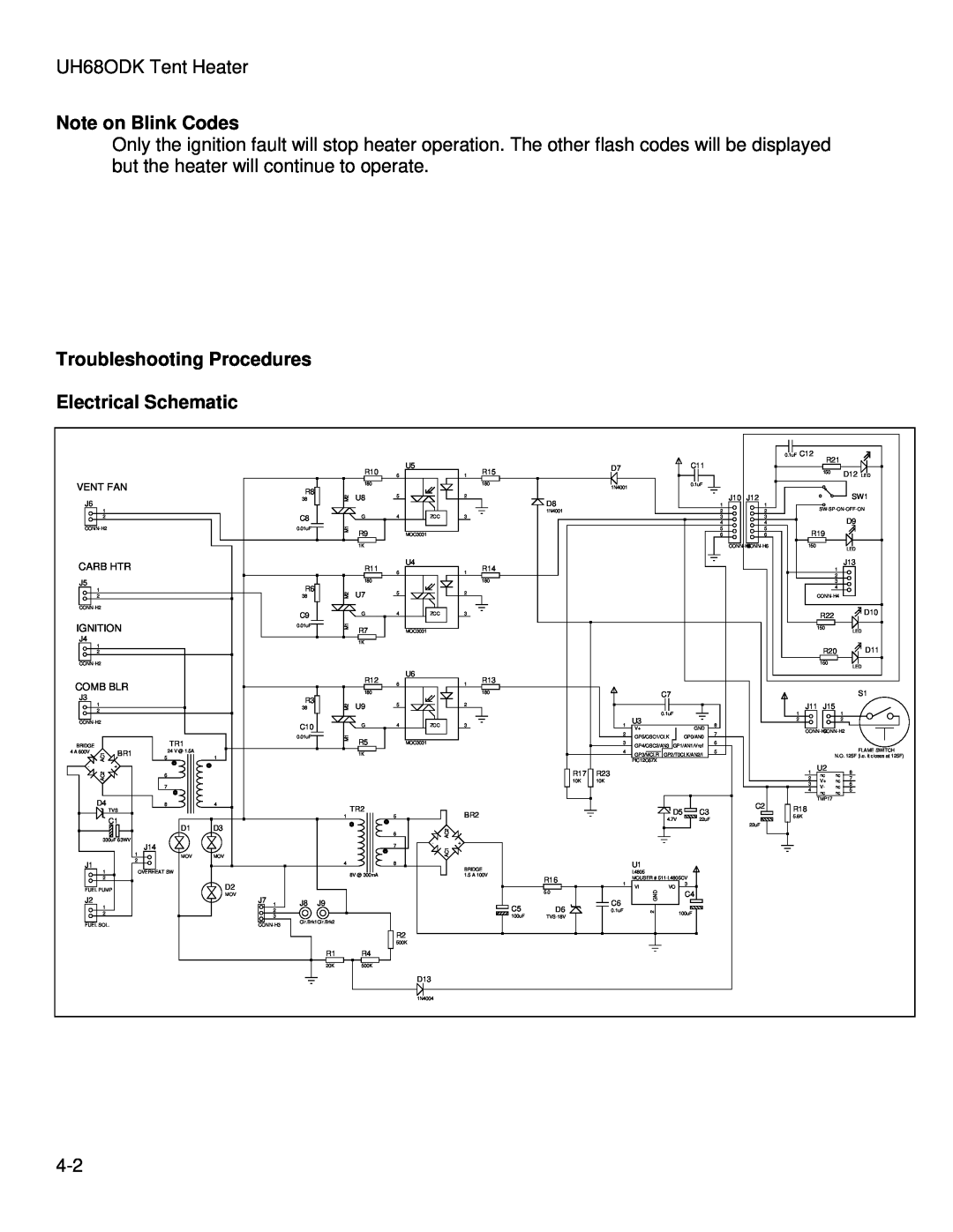 Hunter Fan UH68ODK Note on Blink Codes, Troubleshooting Procedures Electrical Schematic, Ignition, Vent Fan, Carb Htr 