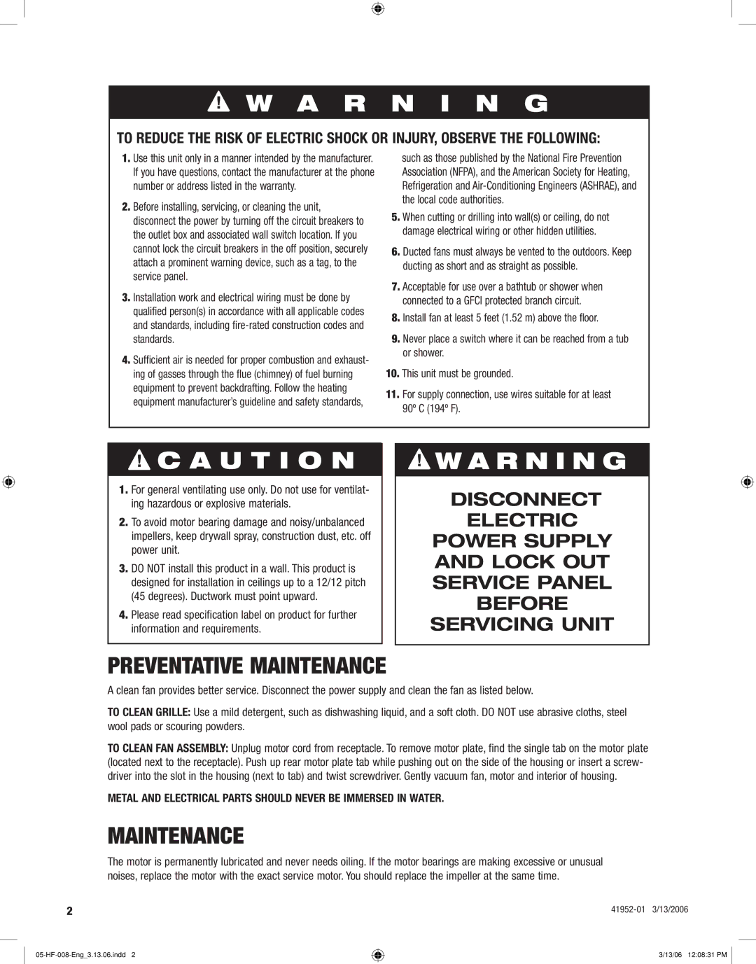 Hunter,R.F 83005 manual Preventative Maintenance 