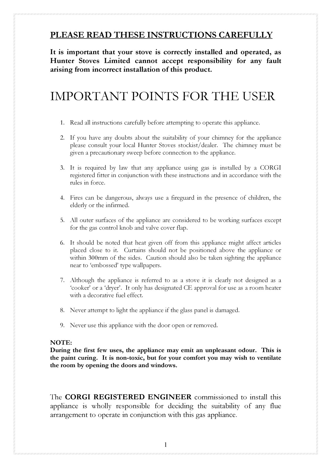 Hunter,R.F EX5 4RJ manual Important Points for the User 