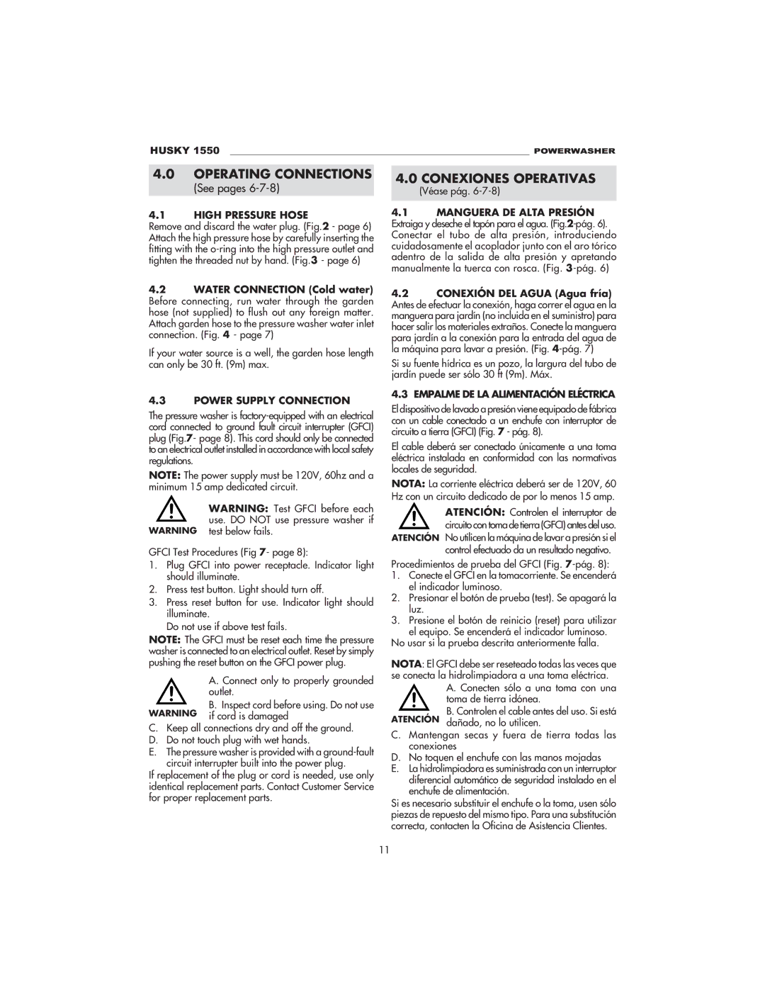 Husky 1550 PSL warranty Operating Connections, Conexiones Operativas, High Pressure Hose, Power Supply Connection 