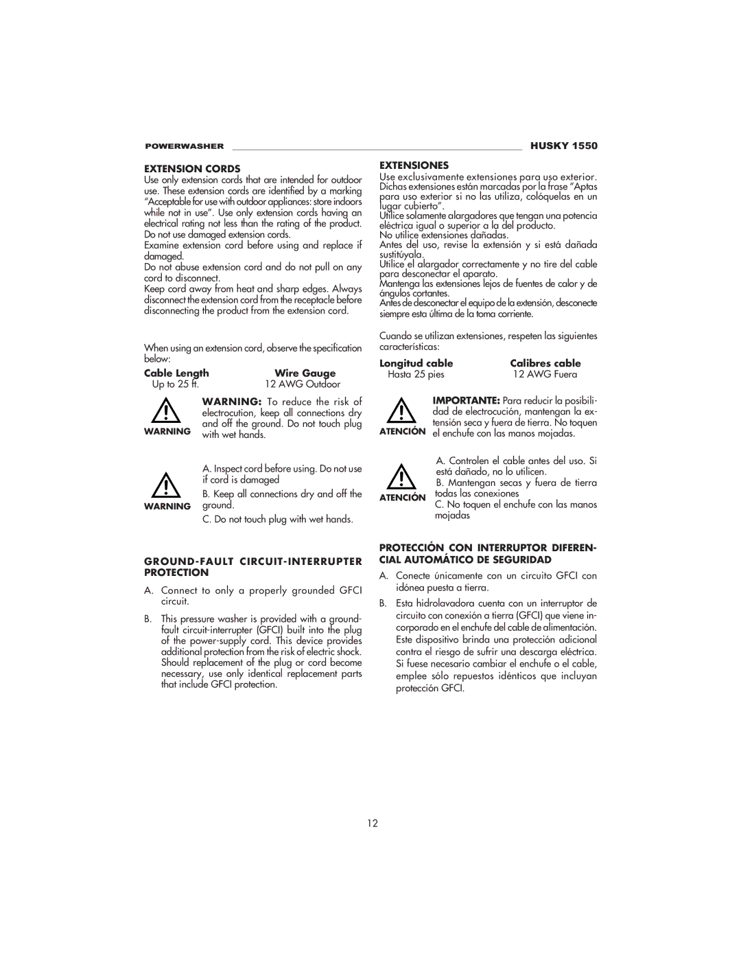 Husky 1550 PSL warranty Extension Cords, Extensiones, Cial Automático DE Seguridad 