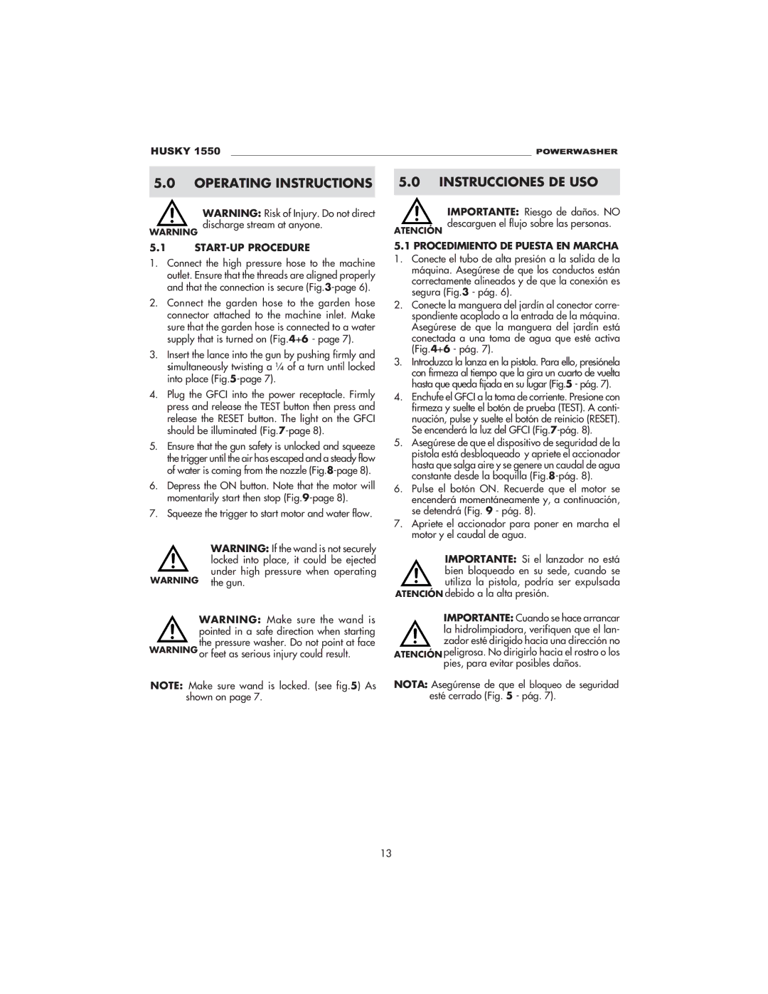 Husky 1550 PSL warranty Operating Instructions Instrucciones DE USO, START-UP Procedure, Procedimiento DE Puesta EN Marcha 