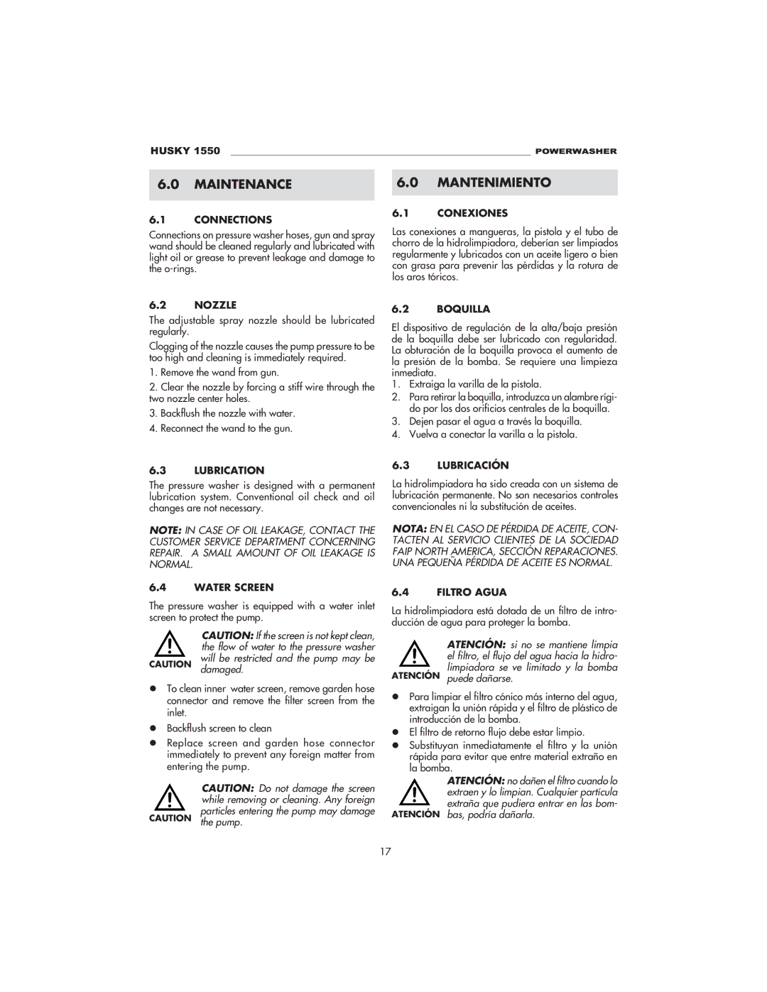 Husky 1550 PSL warranty Maintenance, Mantenimiento 