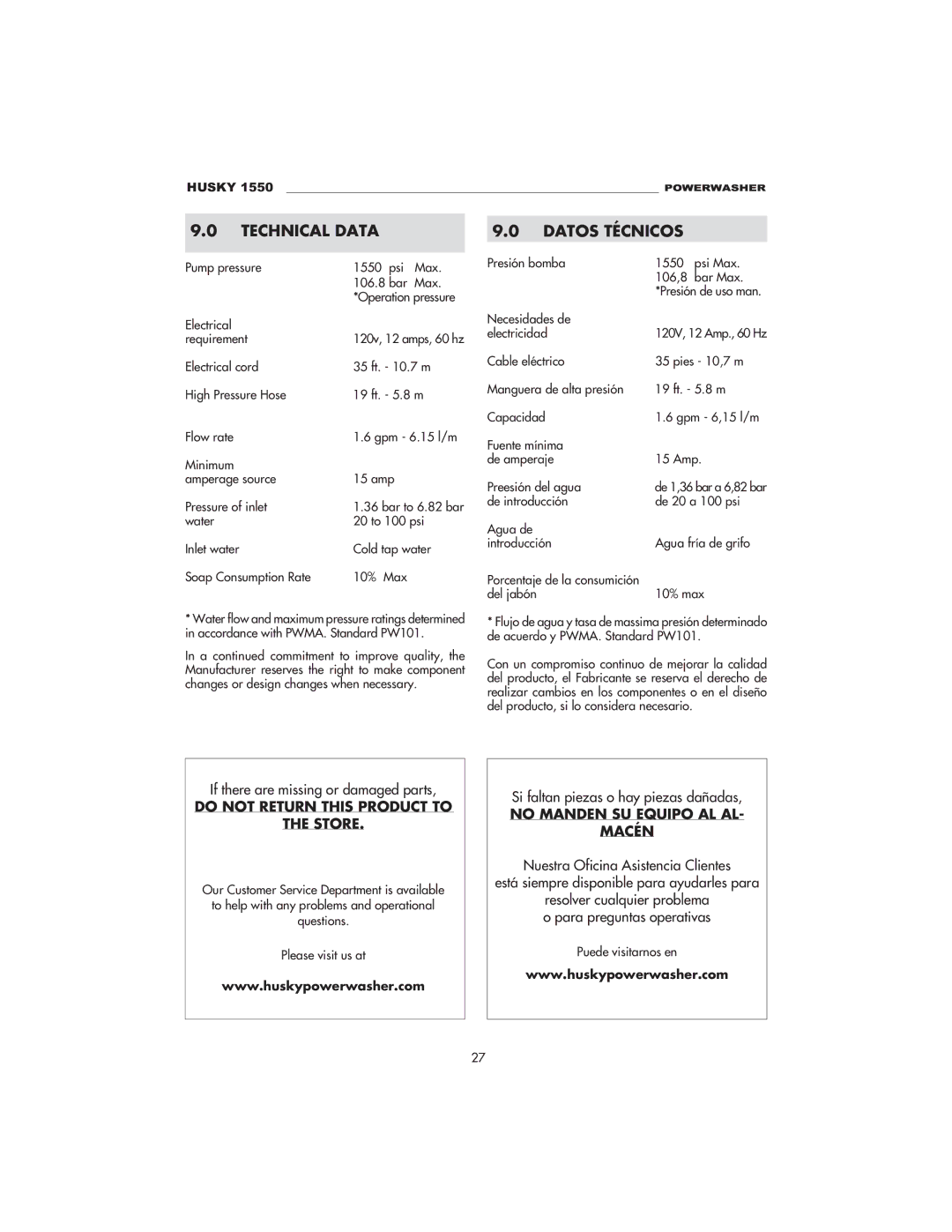 Husky 1550 PSL warranty Technical Data, Datos Técnicos 