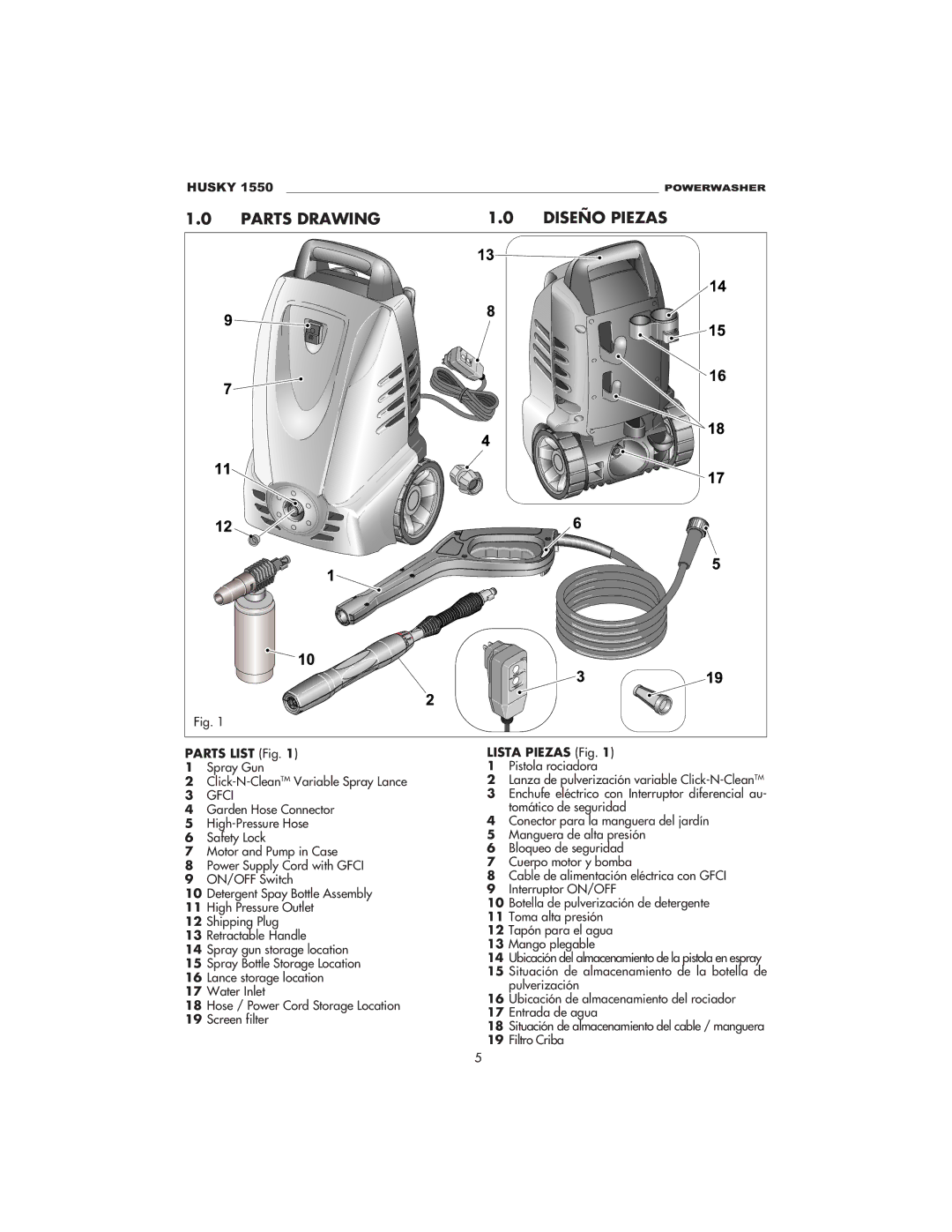 Husky 1550 PSL warranty Parts Drawing Diseño Piezas, Parts List Fig, Spray Gun Click-N-CleanTMVariable Spray Lance 