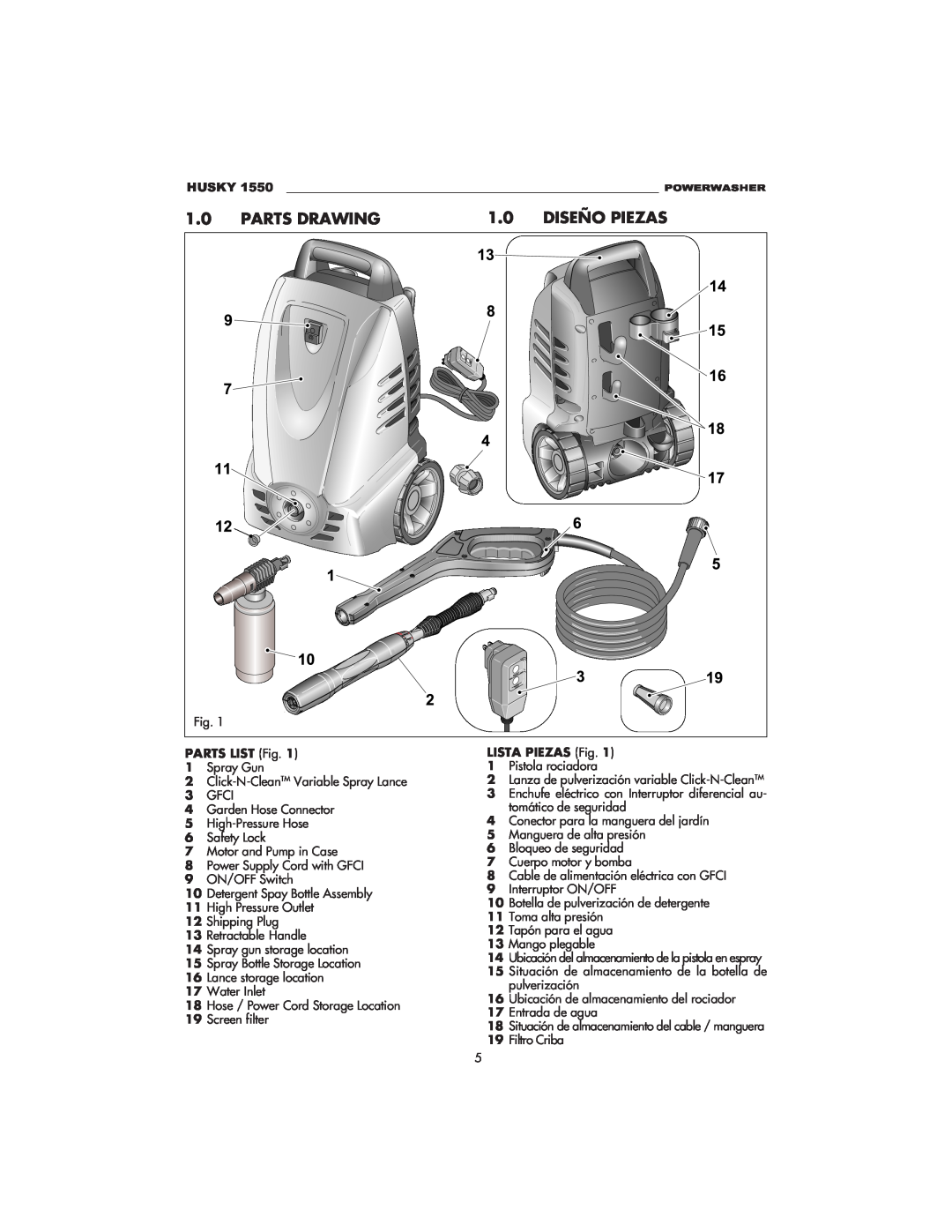 Husky 1550 PSL warranty Parts Drawing, Diseño Piezas, Husky, PARTS LIST Fig, LISTA PIEZAS Fig 